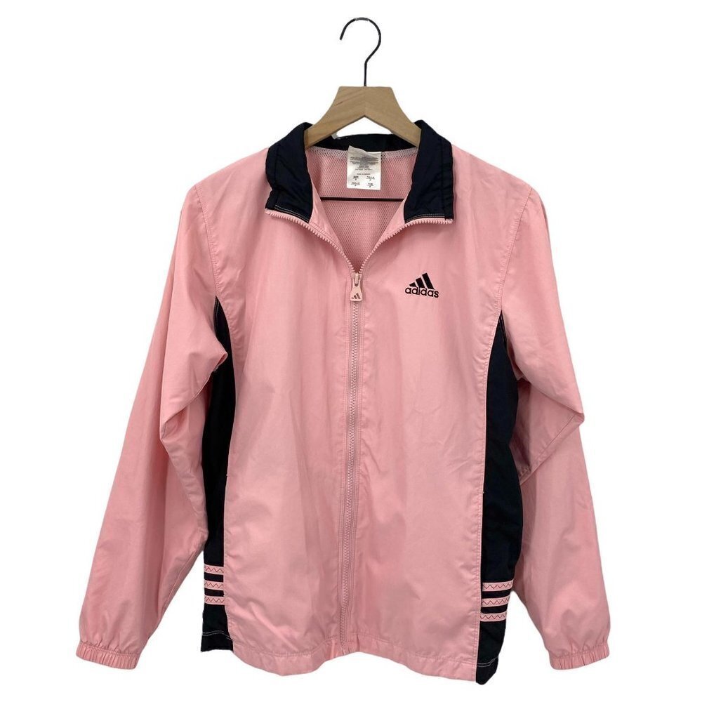 Adidas Windbreaker Pink Black Collared Pockets Size Small